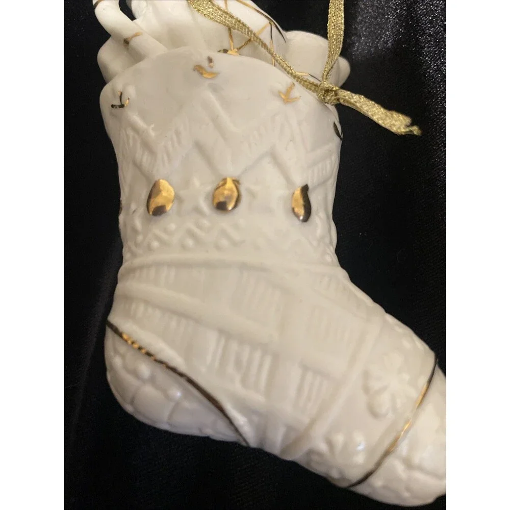 White And Gold Trim Christmas Ornament Porcelain Stocking And Toys Vintage